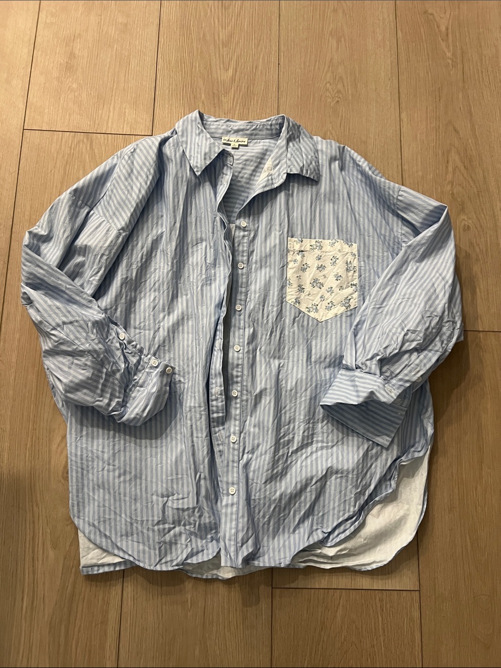 For Love & Lemons Light Blue Striped Button-Down Shirt with Printed Pocket